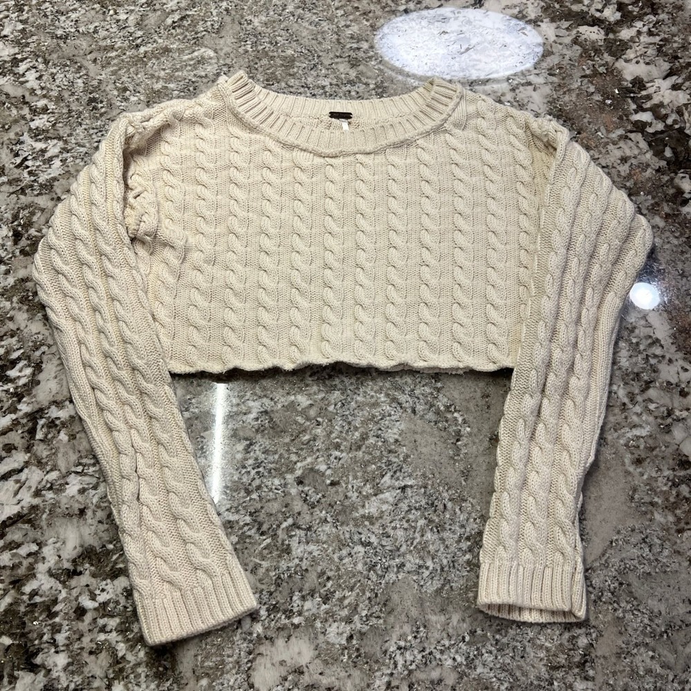 Free People Cream‎ Cable Knit Cropped Sweater Ivory Boho Size XS